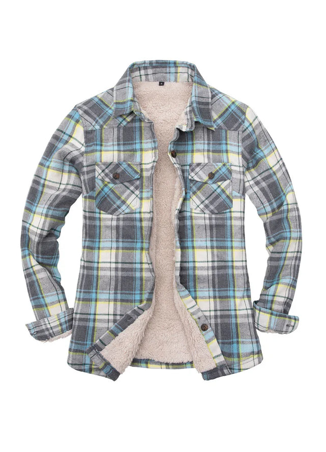 Front view of womens sherpa lined gray and white plaid flannel shacket with button down