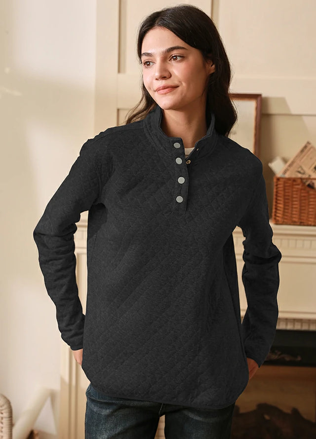 Solid black lightweight 1/4 quilted fleece pullover shirt for women