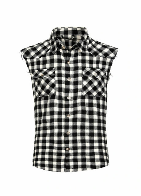Front view of buffalo black white men's sleeveless flannel shirt