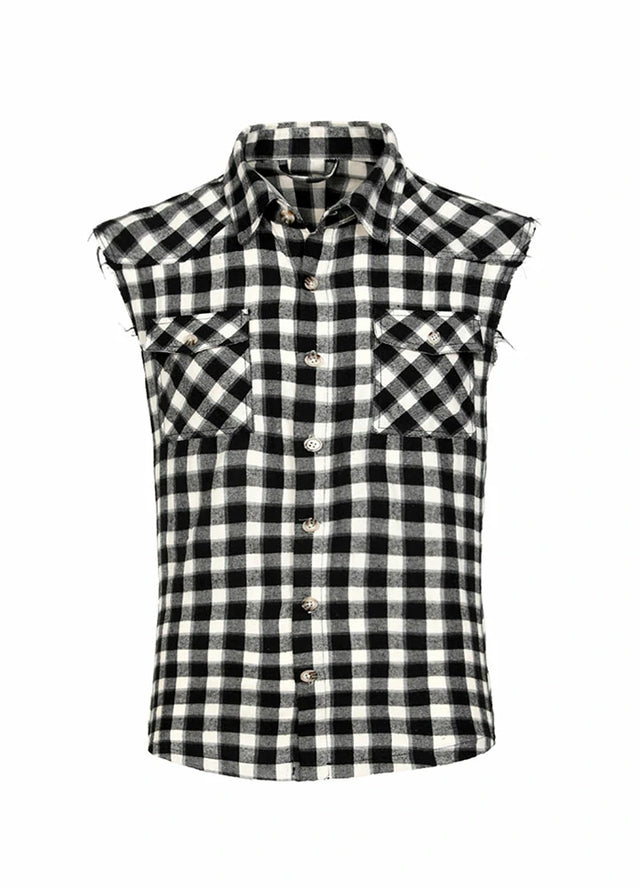 Front view of buffalo black white men's sleeveless flannel shirt