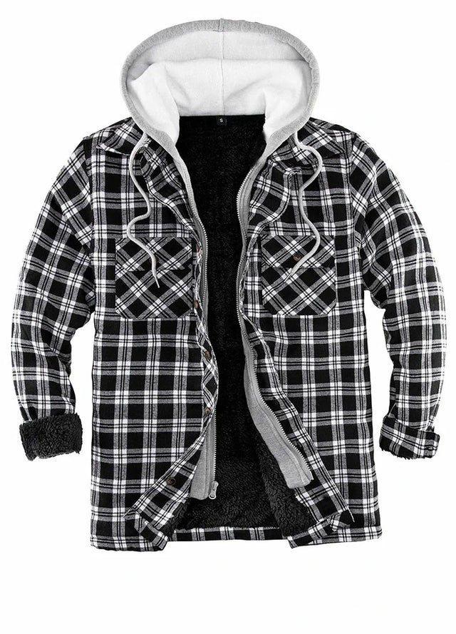 Front view of black white men's sherpa lined plaid flannel shacket