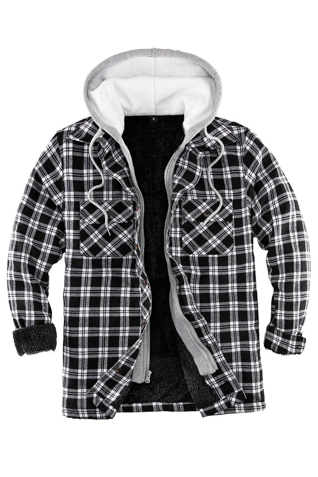 Front view of black white men's sherpa lined plaid flannel shacket