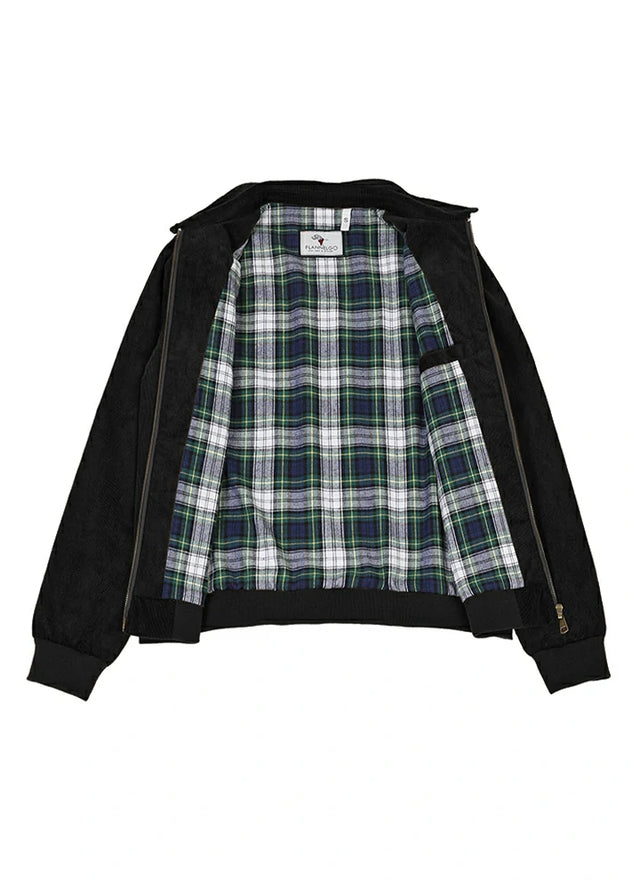 Open view of a women's flannel lined black soft cotton corduroy jacket
