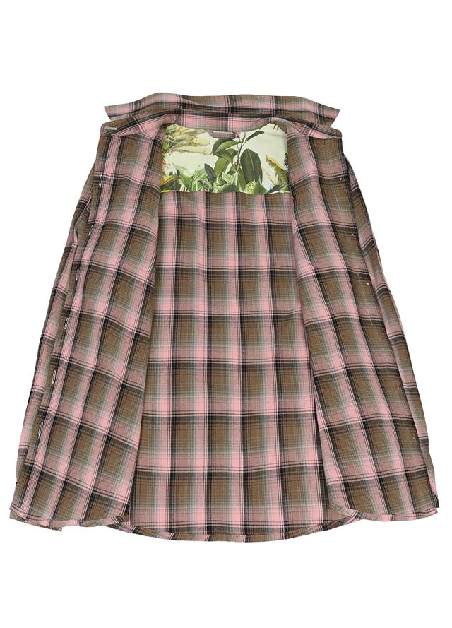 Open view of a women's printed lightweight button down flannel plaid shirt