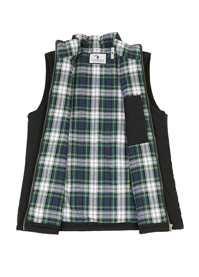 Open view of a womens black water repellent flanne-lined puffer vest