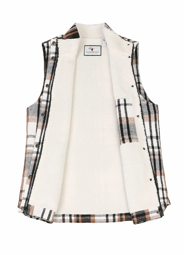 Open view of a womens black white sherpa lined sleeveles plaid vest