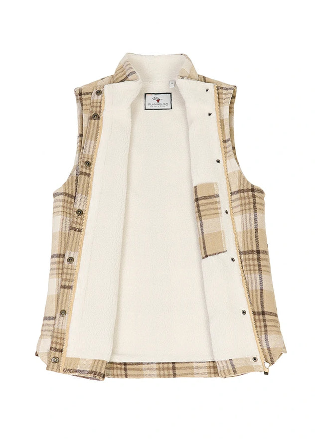 Open view of a womens light khaki sherpa lined sleeveles plaid vest