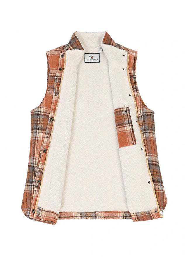 Open view of a womens orange sherpa lined sleeveles plaid vest