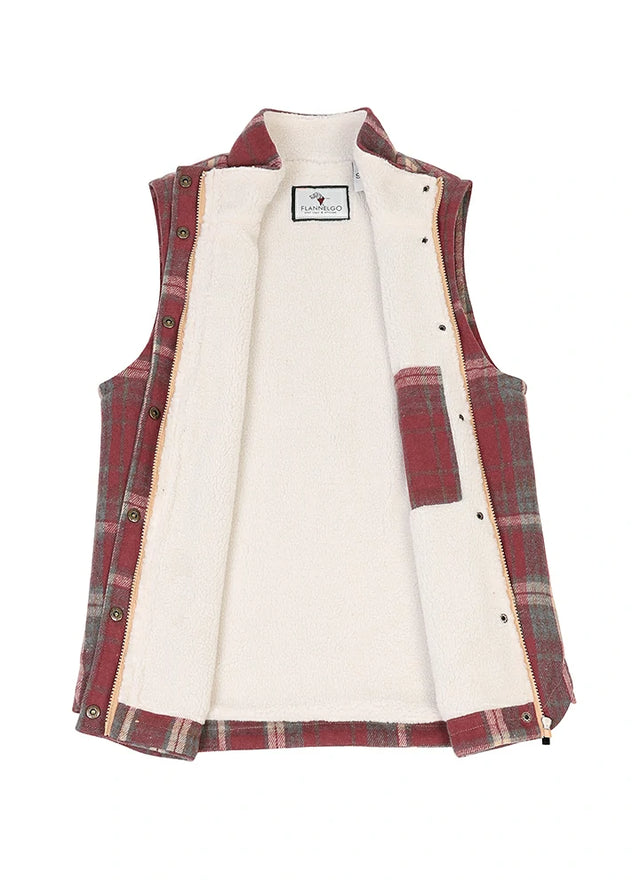 Open view of a womens purple sherpa lined sleeveles plaid vest