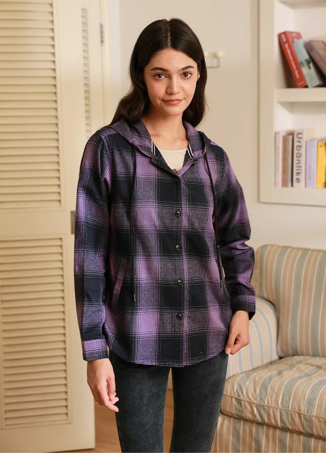 Purple button-up plaid flannel shirt hoodie for women