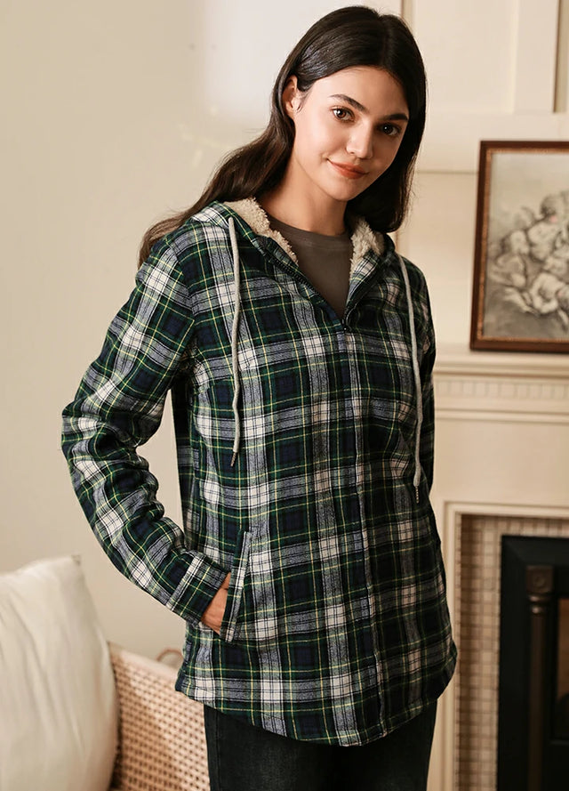 Side view of women in a green plaid full zip Hooded with sherpa lined