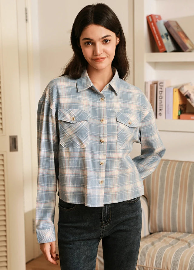 Women wearing a summer soft baby blue cropped plaid cotton shirt