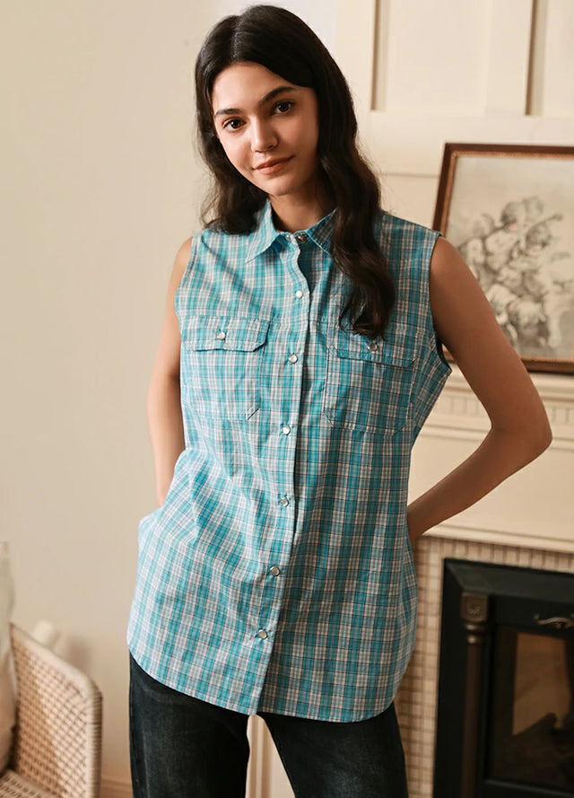 Summer snap-button baby blue plaid western vest for women
