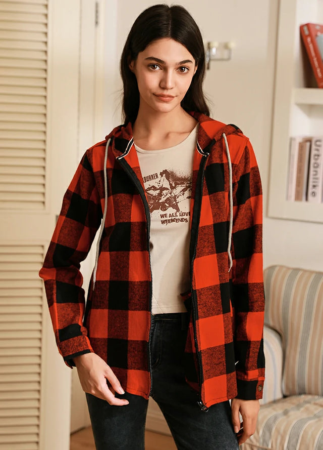 Warm red black plaid flannel hoodie for women