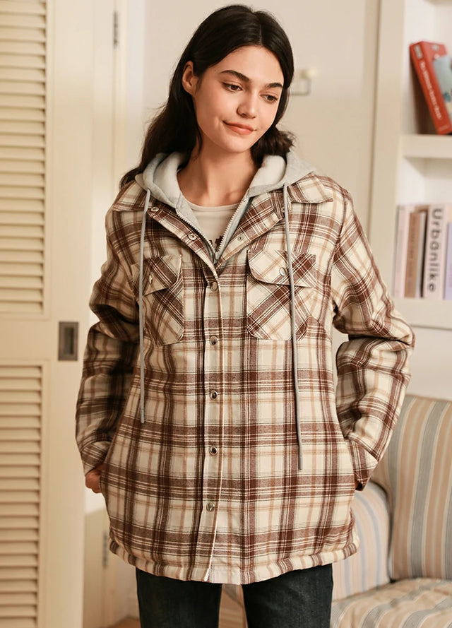 Winter coffee snap quilted lined flannel plaid jacket for women