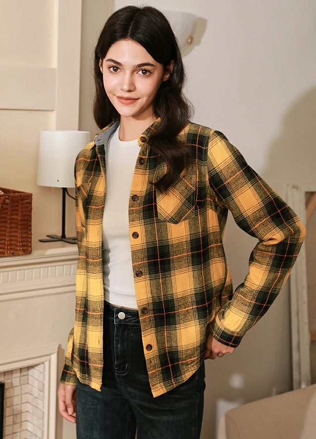 Winter yellow fleece-lined plaid flannel shacket for women