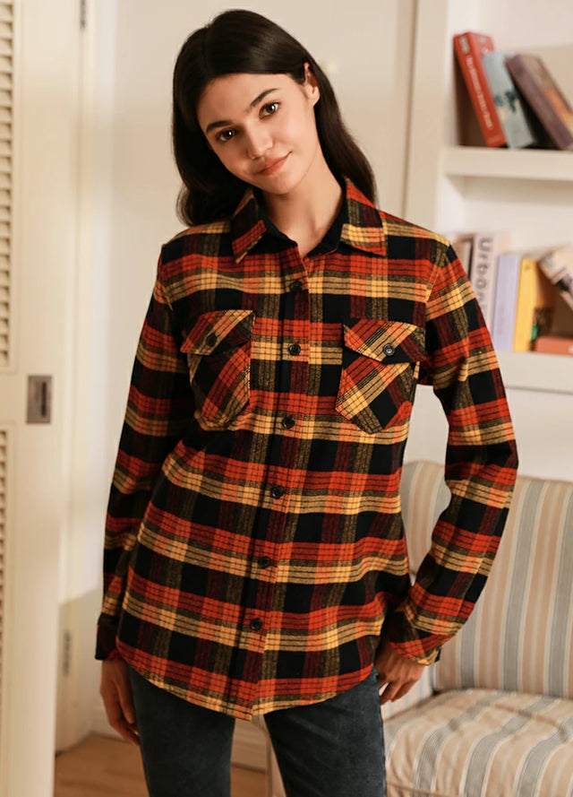 Women in a red black plaid soft midweight flannel shirt