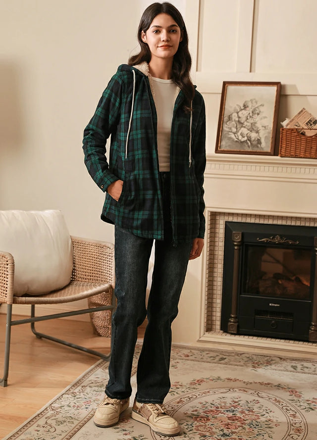 Women in a green black sherpa-lined full-zip flannel plaid shirt jacket