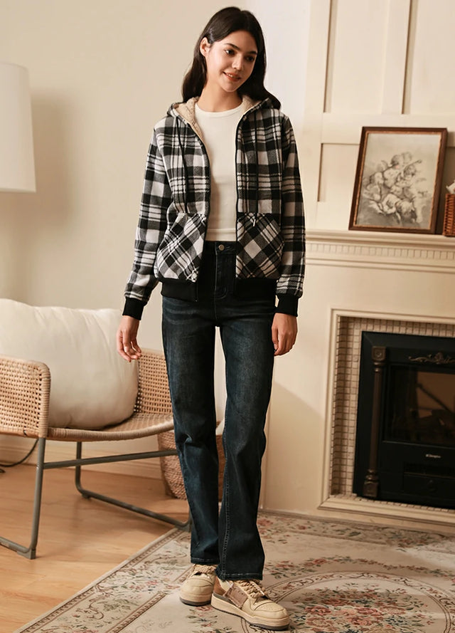 Women in a black winter sherpa lined warm plaid hoodie sweatshirt