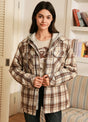 Women in a coffee full zip quilted lined flannel jacket with hood