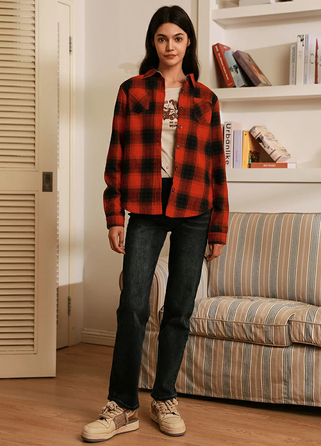 Women in a dark red fleece-lined plaid shirt with button down