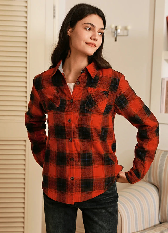 Women in a dark red winter flannel shirt jacket with fleece lined