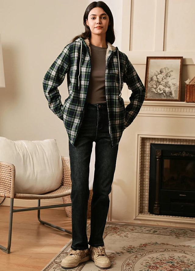 Women in a green plaid sherpa-lined full-zip flannel plaid shirt jacket