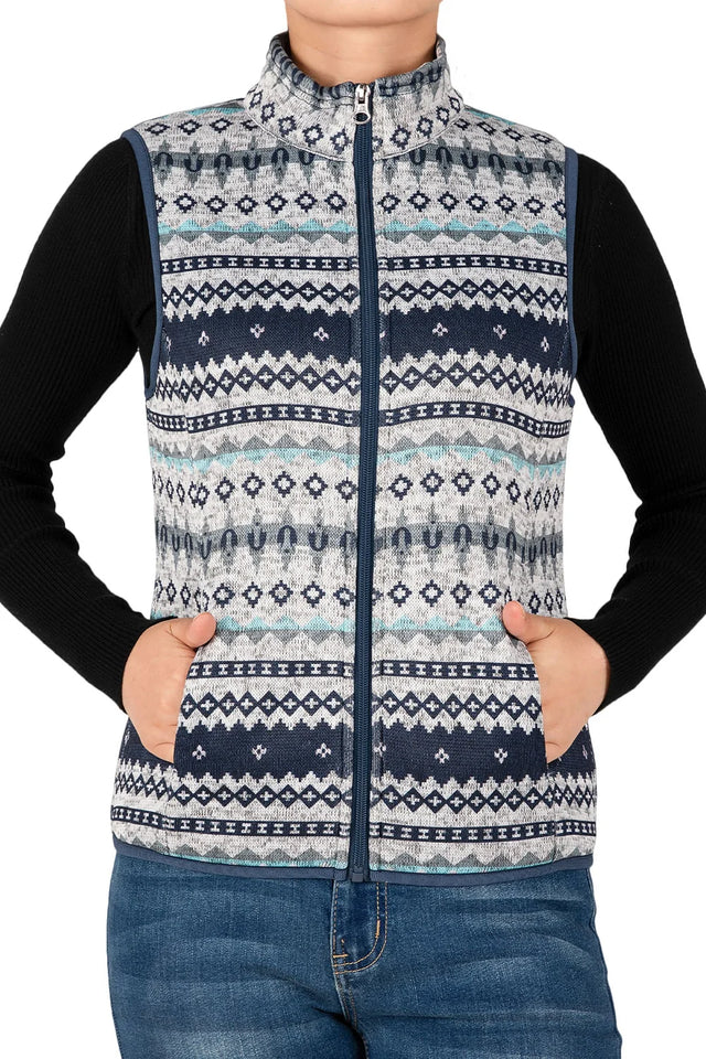 Women in a gray multicolor warm sherpa lined sweater fleece vest