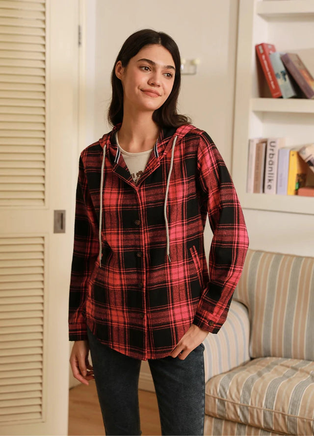 Women in a pink button-down cozy flannel plaid shirt hoodie