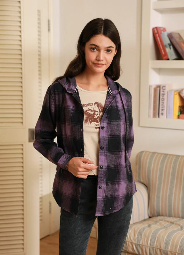 Women in a purple button-down cozy flannel plaid shirt hoodie