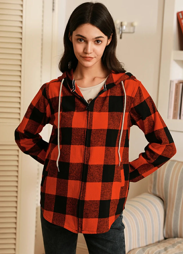 Women in a red black cotton flannel hoodie with long sleeves