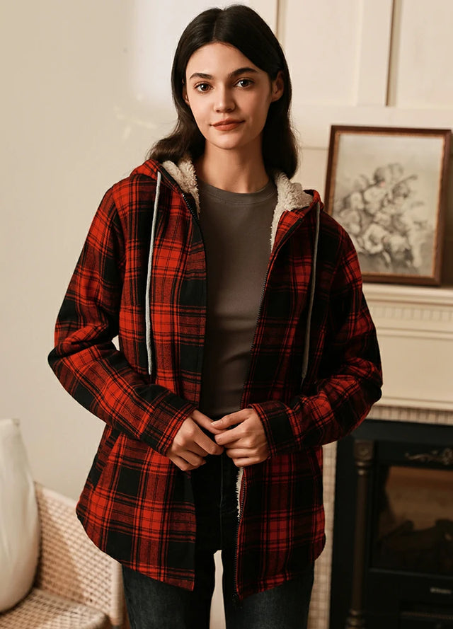 Women in a red black sherpa-lined full-zip flannel plaid shirt jacket