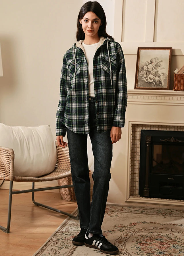Women in a womens plaid green button down flannel jacket with hood