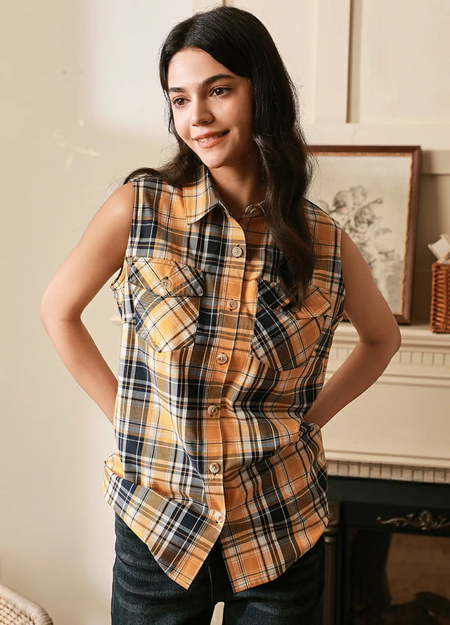 Women in a black and yellow soft cotton flannel vest