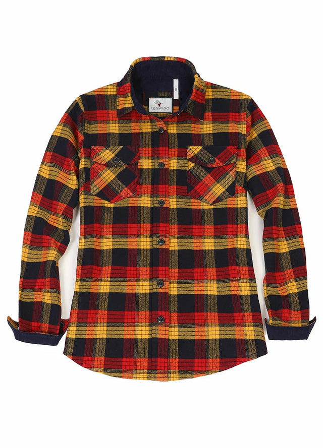Women's front view of a red black plaid flannel shirt with button up