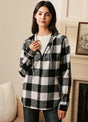 Women wearing a black white heavyweight flannel hoodie