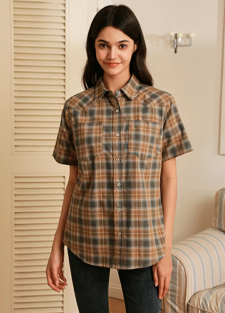Women wearing a brown gray snap button summer plaid shirt