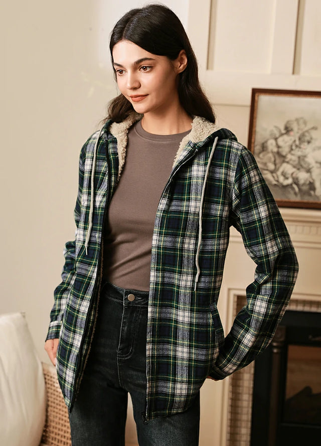 Women wearing a green plaid zip up sherpa lined plaid flannel hooded