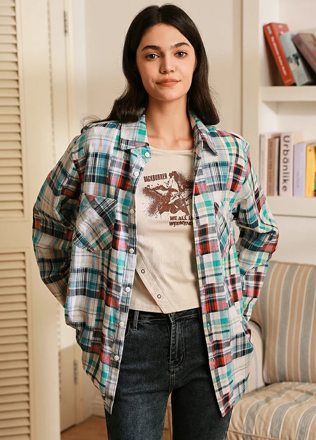 Women wearing a irregular plaid blue and white shirt with chest pockets