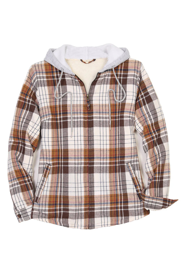 Front view of a women's khaki full zip up plaid flannel plaid hooded