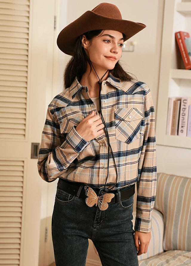 Women wearing a khaki navy long sleeves plaid flannel shirt