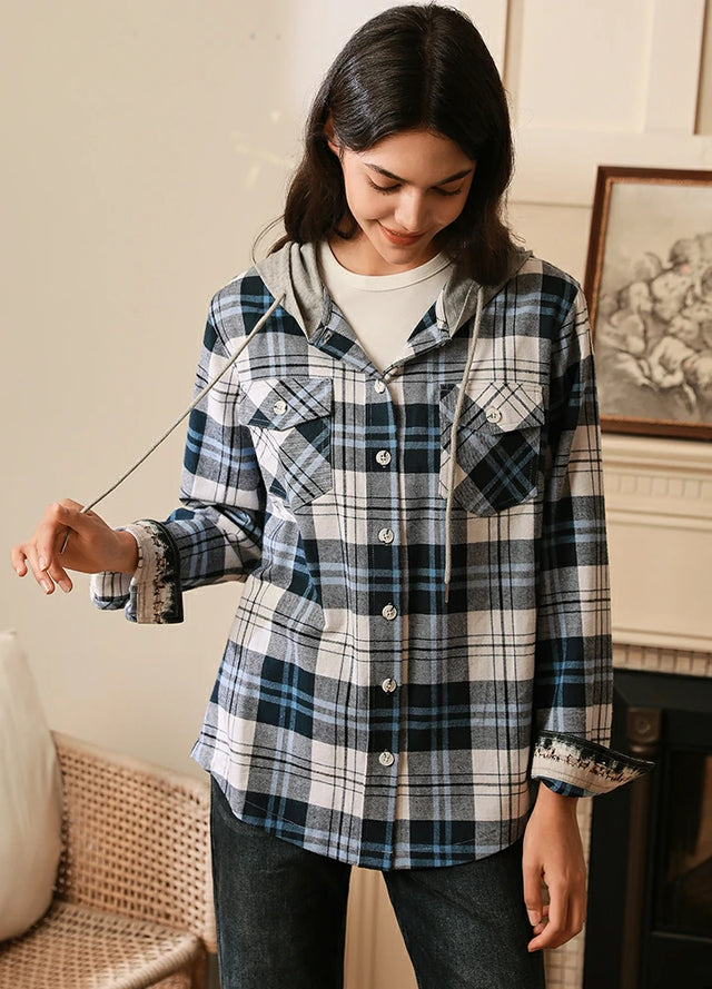 Women wearing a white blue plaid plaid cotton flannel hooded with botton