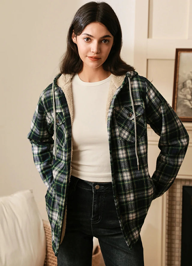 Women wearing a plaid green plaid hoodie with sherpa lined