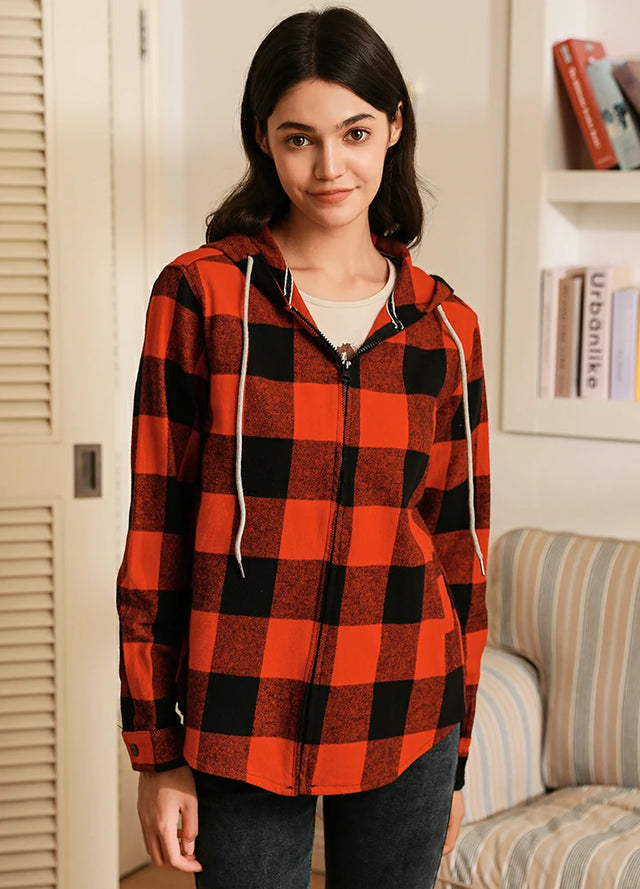 Women wearing a red black full zip plaid flannel hoodie