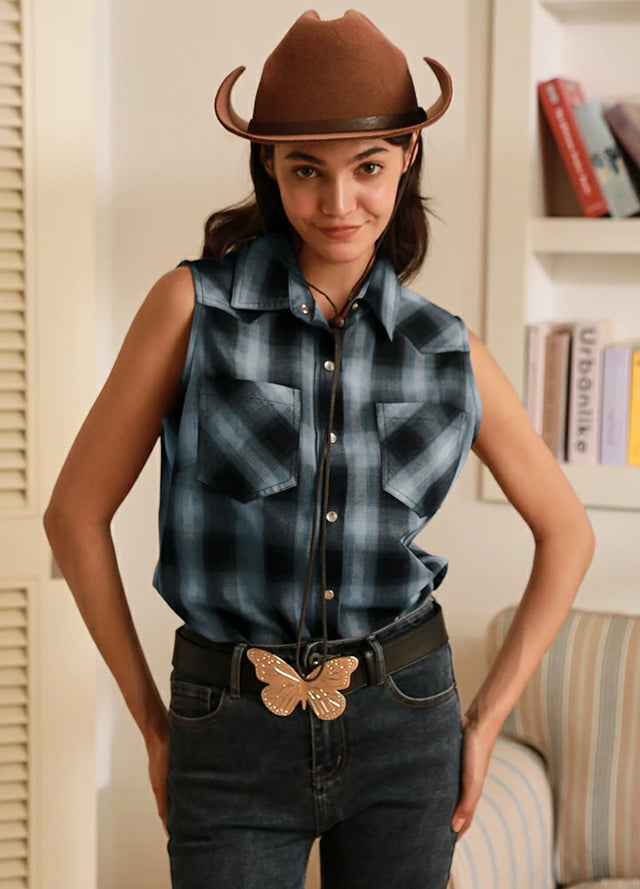 Women wearing a snap button slim fit blue black plaid vest