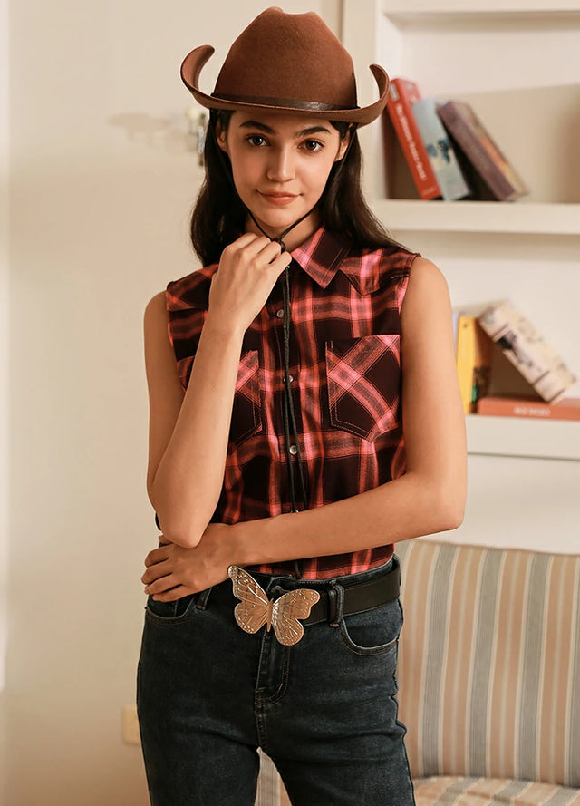 Women wearing a snap button slim fit pink black plaid vest