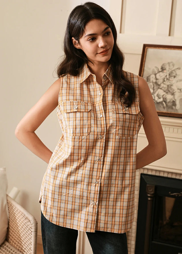 Women wearing a snap slim fit orange white plaid vest with pocket