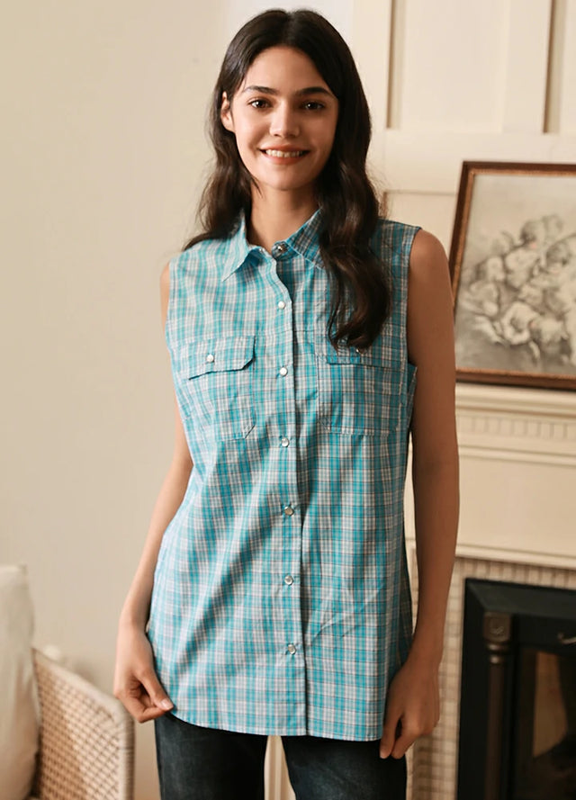 Women wearing a snap slim fit baby blue plaid vest with pocket