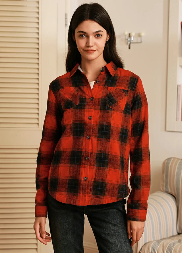 Women wearing a soft dark red flannel plaid jacket with fleece-lined