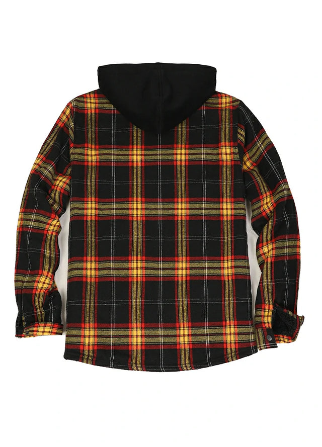 Back view of red and black men's hooded flannel shirt jacket with seam pockets